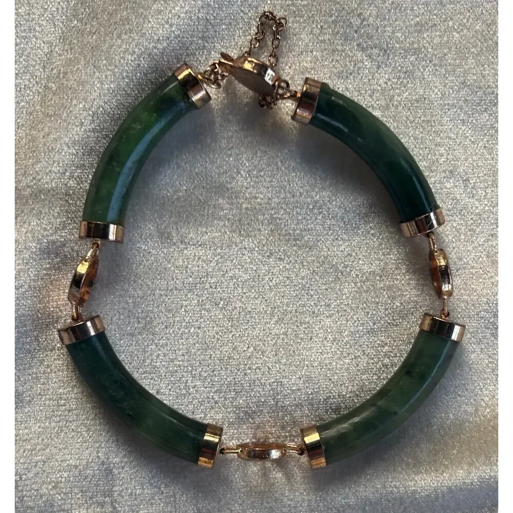 Vintage Jade Bracelet 4 Lucky Wishes Green Nephrite Gold Tone Bangle 7.5
